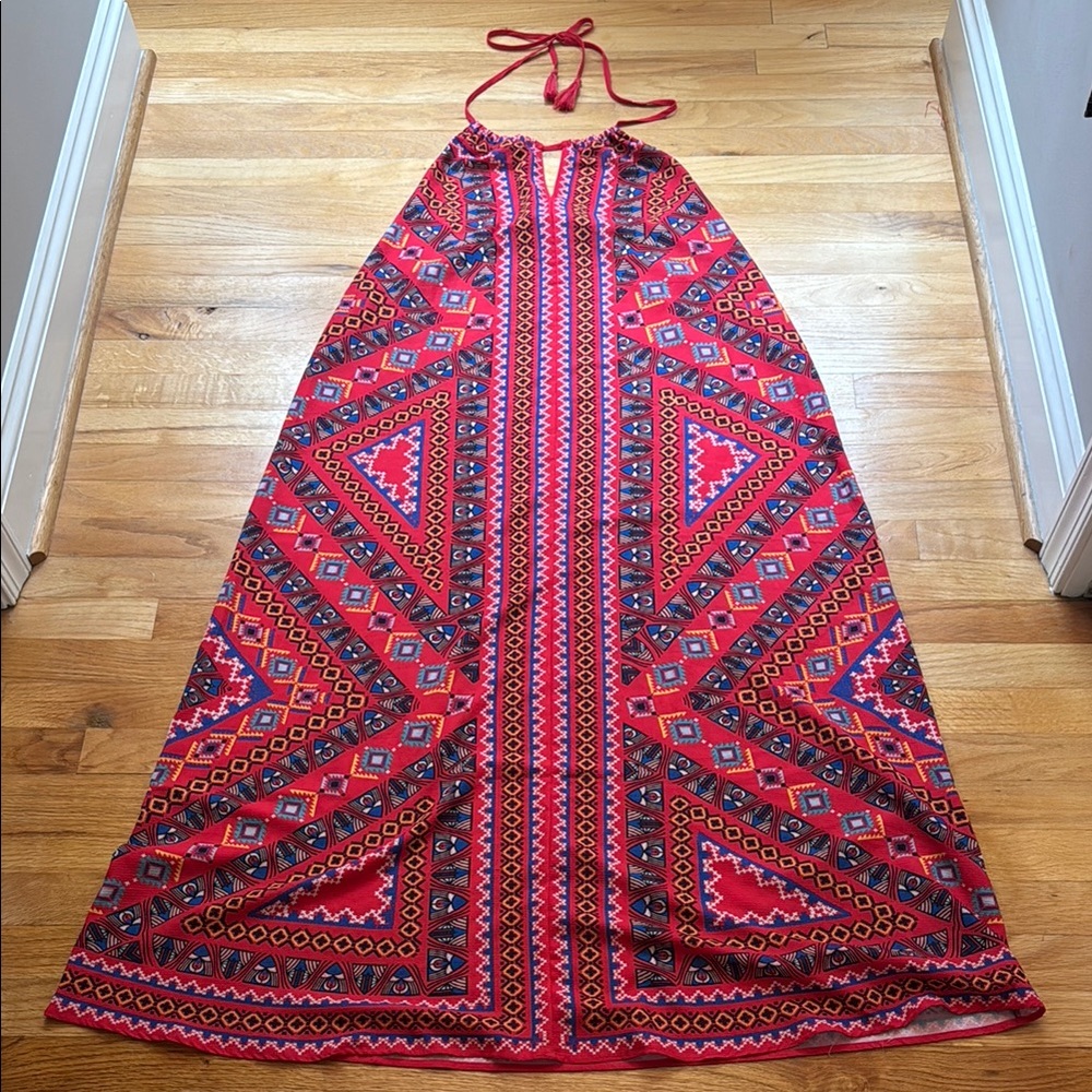 Women's Flying Tomato Vibrant Red Patterned Halter Maxi Dress